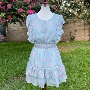 Stellah Blue Pink Roses Romantic Ruffled Dress Baby Doll